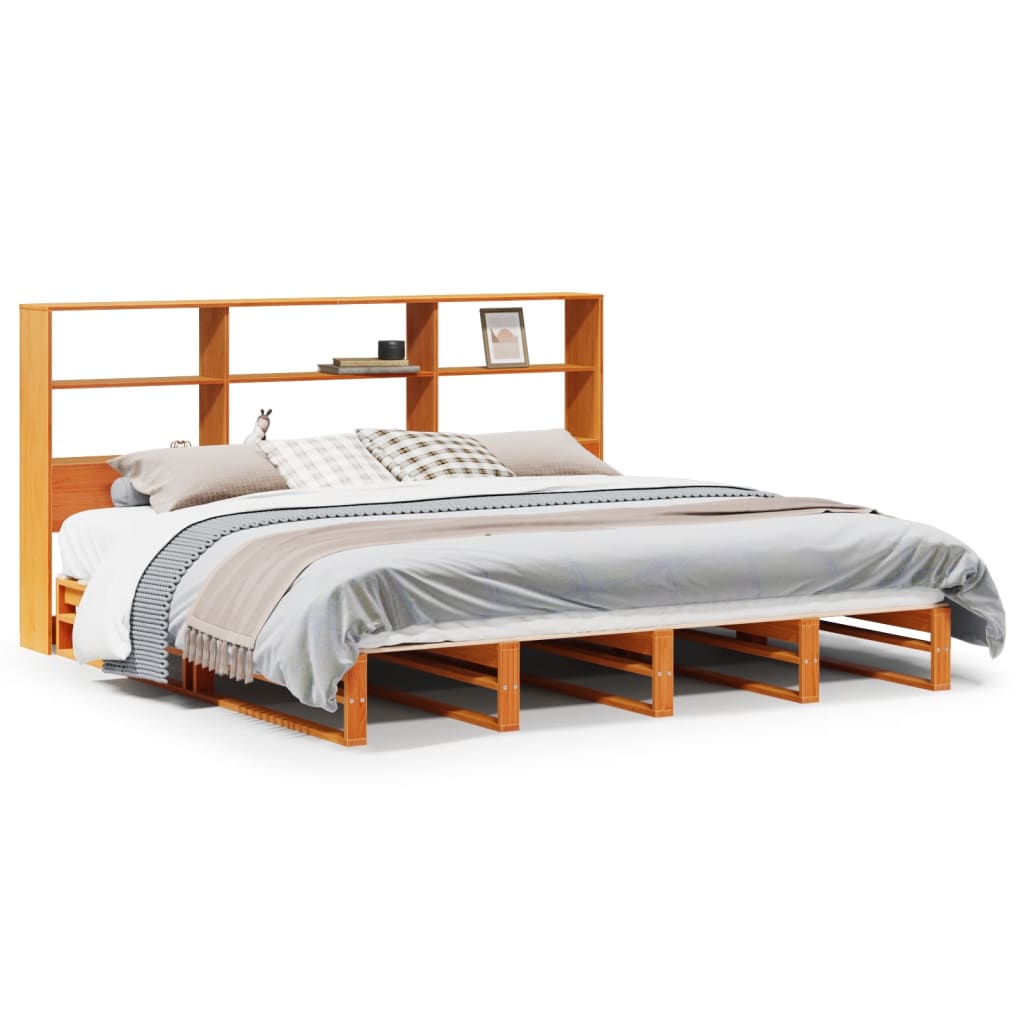 Seng med bokhylle uten madrass voksbrun 180x200 cm heltre