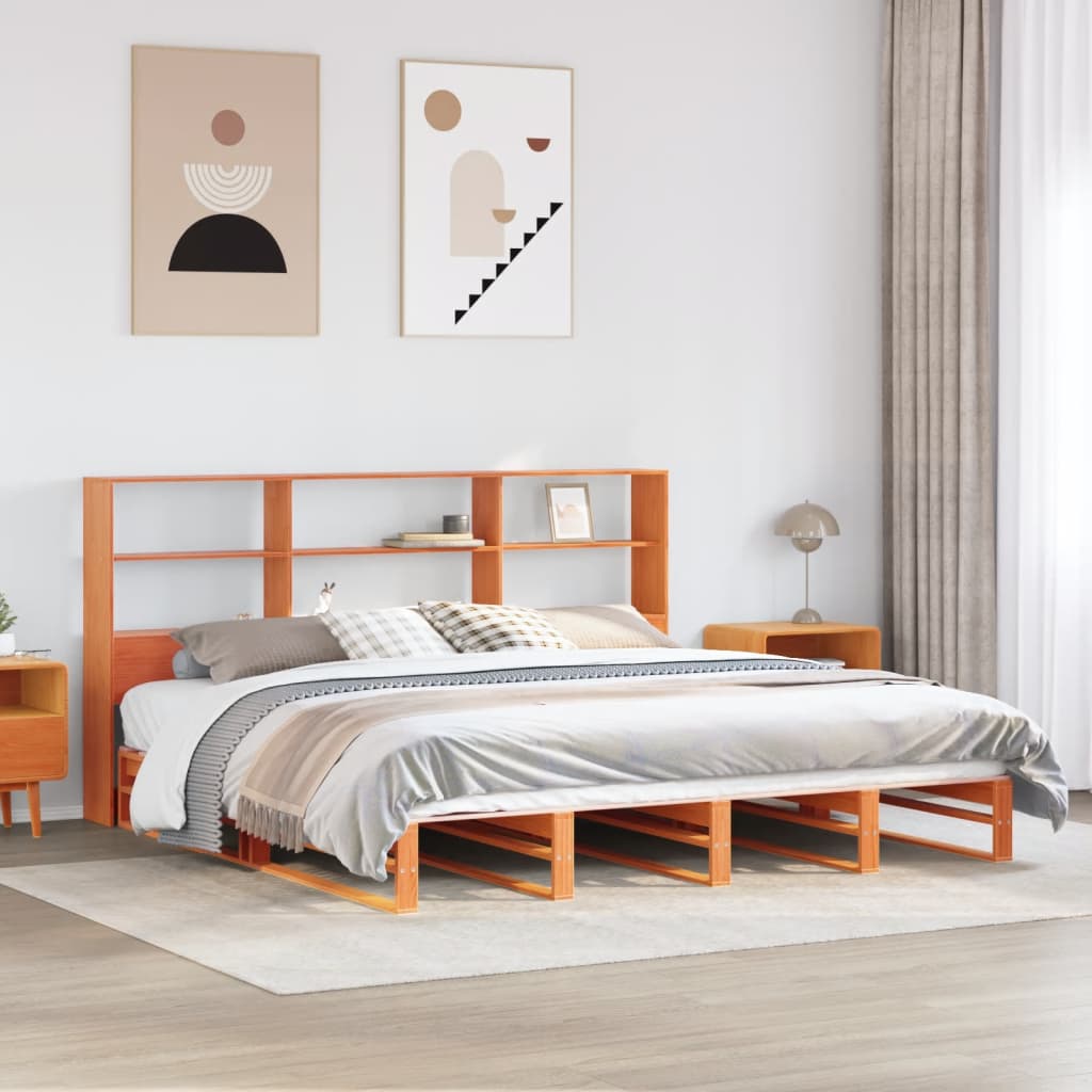 Seng med bokhylle uten madrass voksbrun 200x200 cm heltre