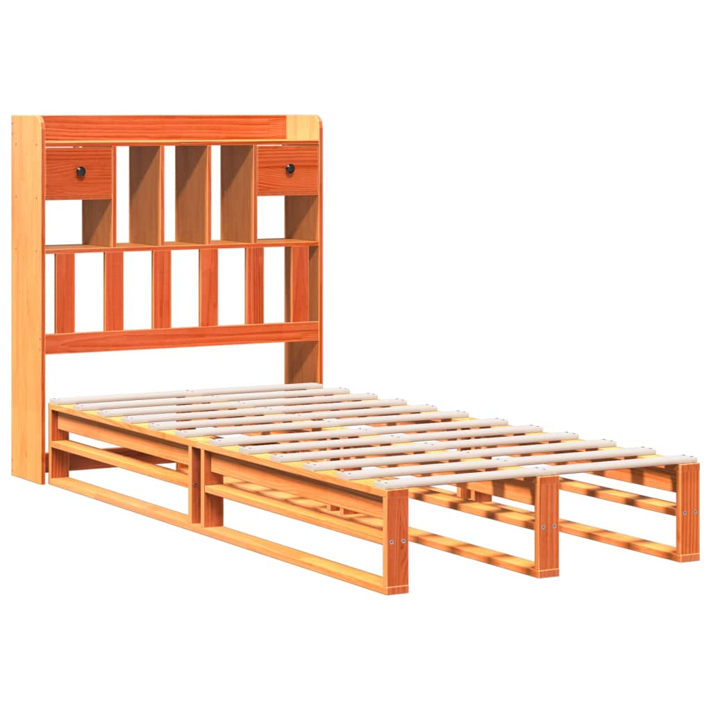 Seng med bokhylle uten madrass voksbrun 100x200 cm heltre furu