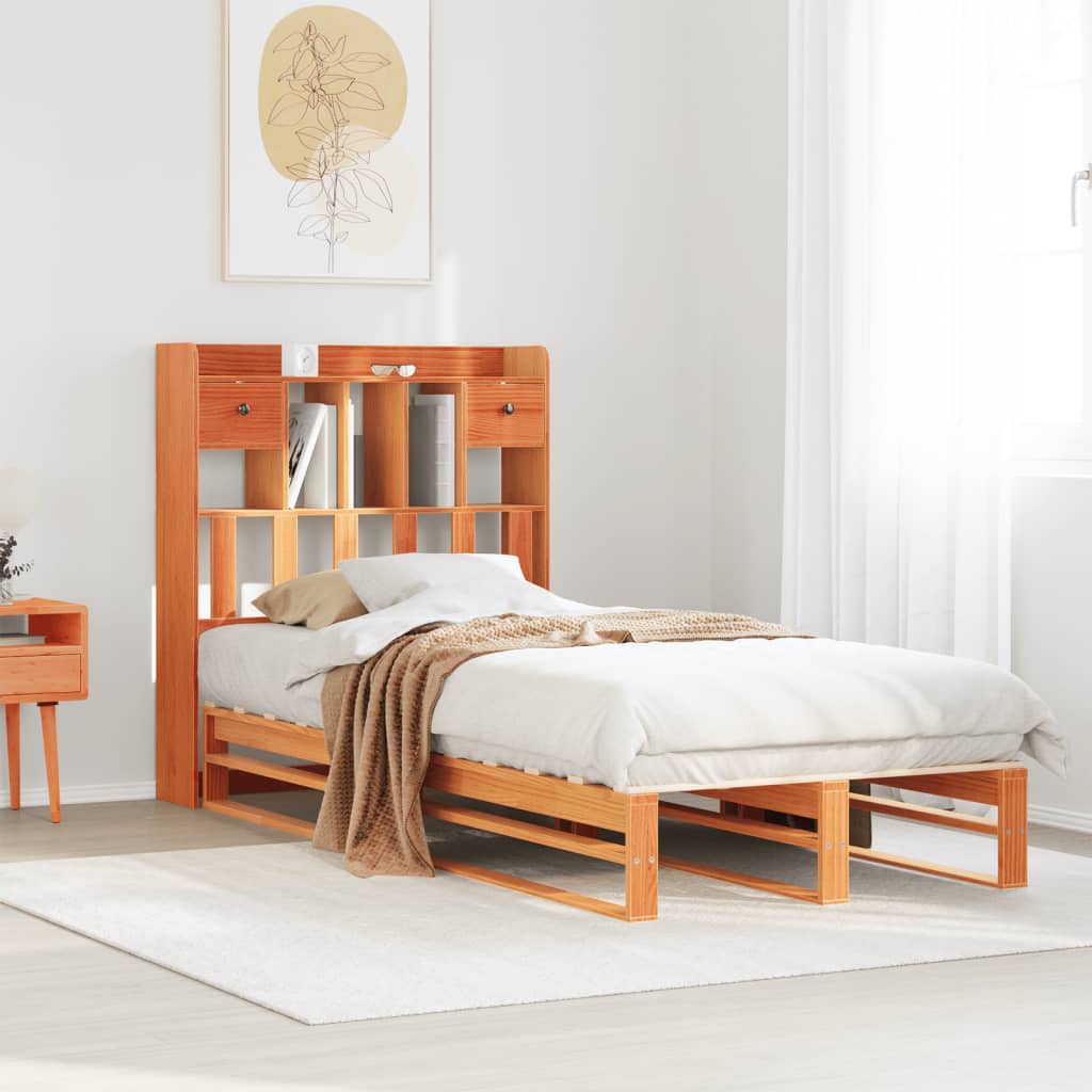 Seng med bokhylle uten madrass voksbrun 100x200 cm heltre furu