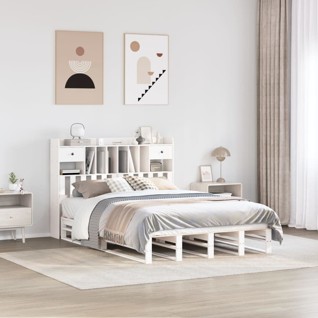Seng med bokhylle uten madrass hvit 150x200 cm heltre furu