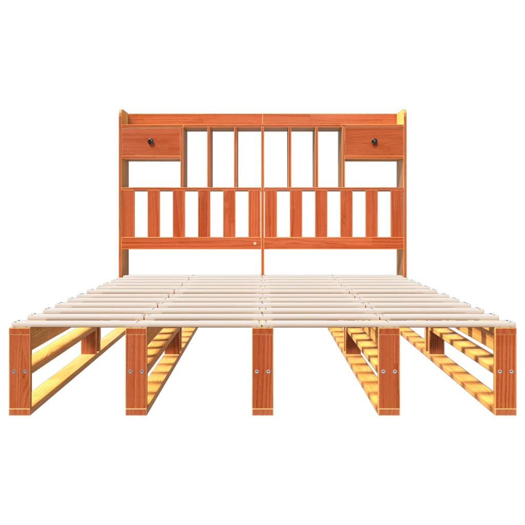 Seng med bokhylle uten madrass voksbrun 160x200 cm heltre furu