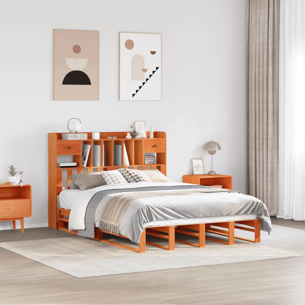Seng med bokhylle uten madrass voksbrun 160x200 cm heltre furu