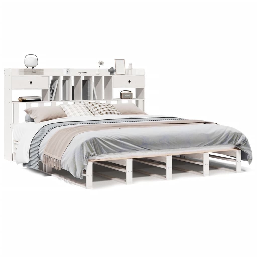 Seng med bokhylle uten madrass hvit 180x200 cm heltre furu