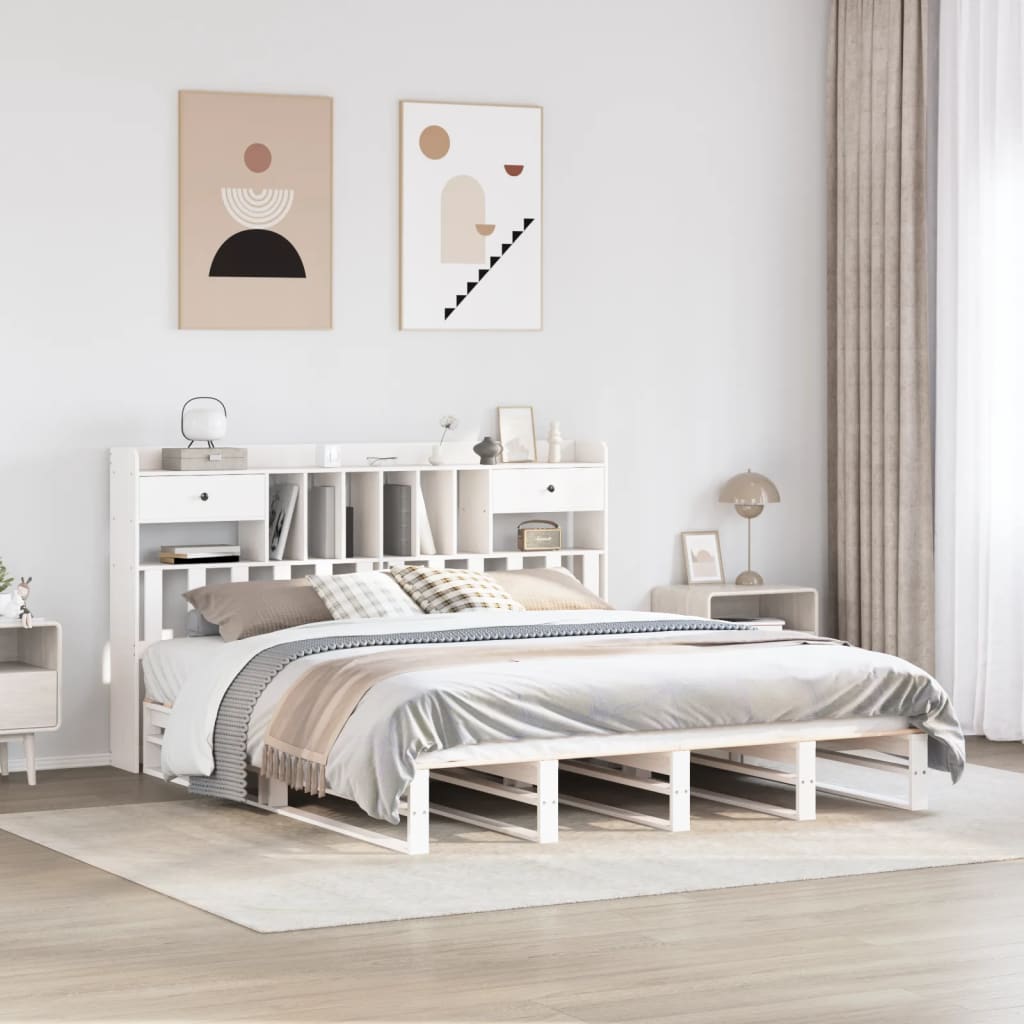 Seng med bokhylle uten madrass hvit 180x200 cm heltre furu