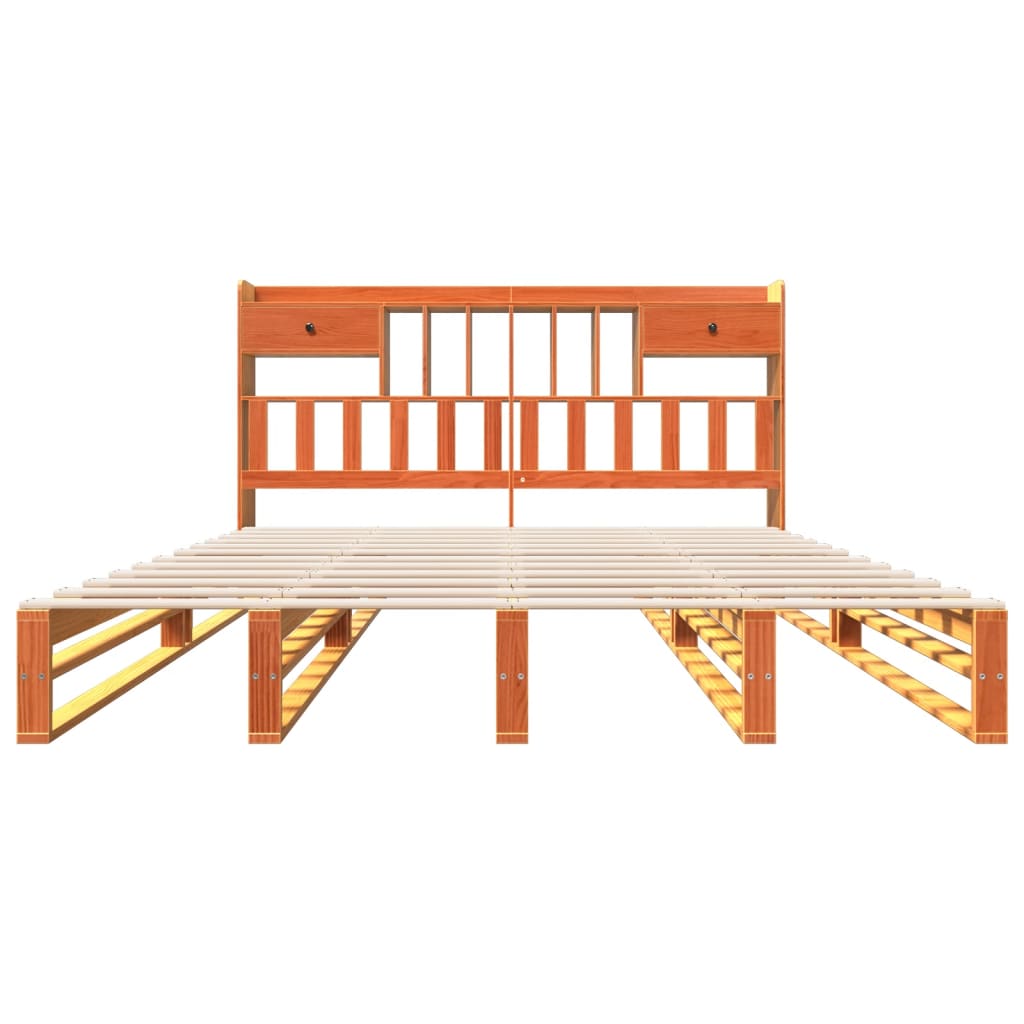 Seng med bokhylle uten madrass voksbrun 200x200 cm heltre furu