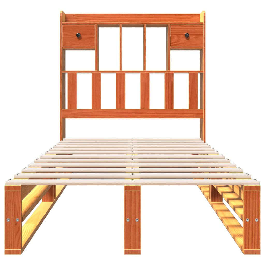 Seng med bokhylle uten madrass voksbrun 75x190 cm heltre furu