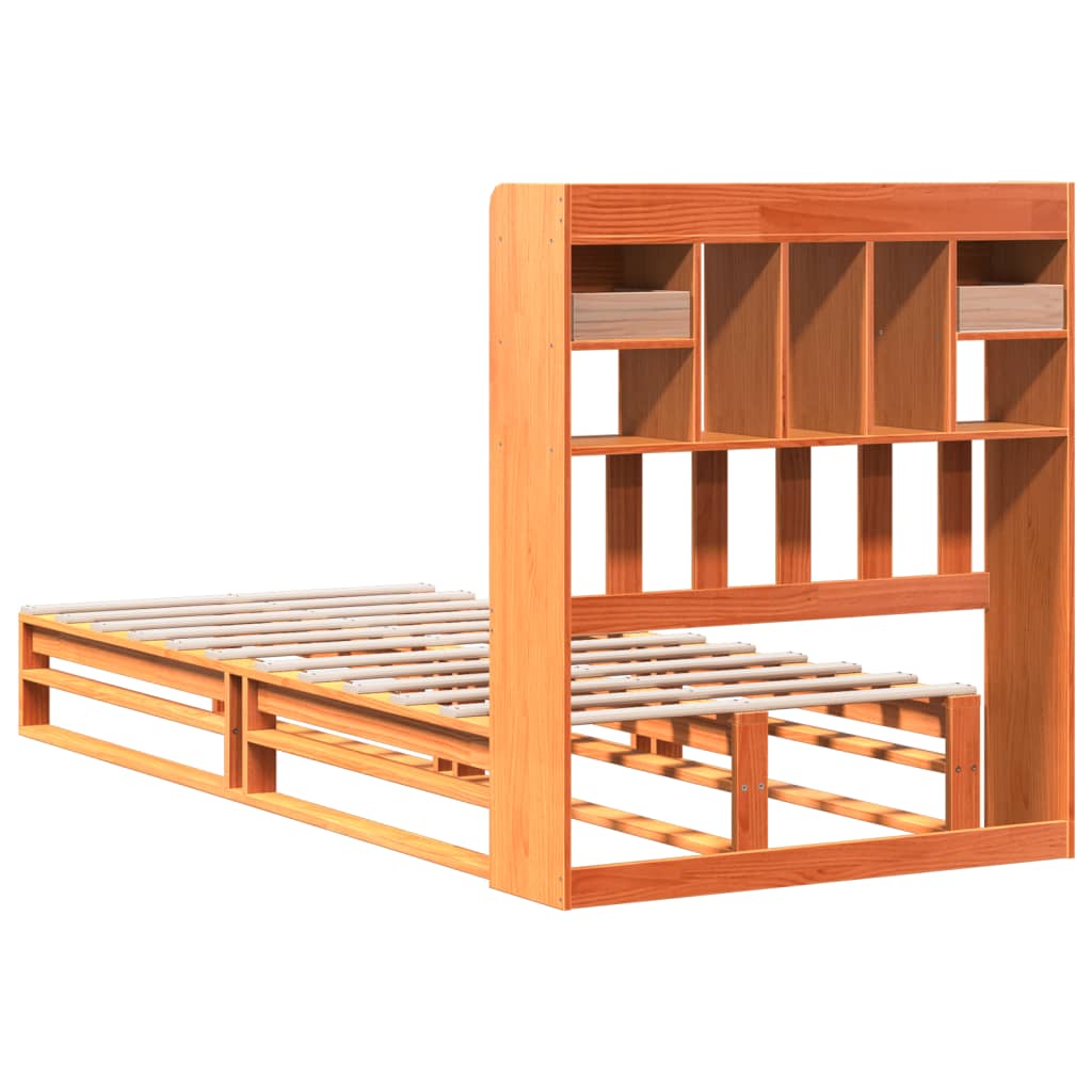 Seng med bokhylle uten madrass voksbrun 75x190 cm heltre furu