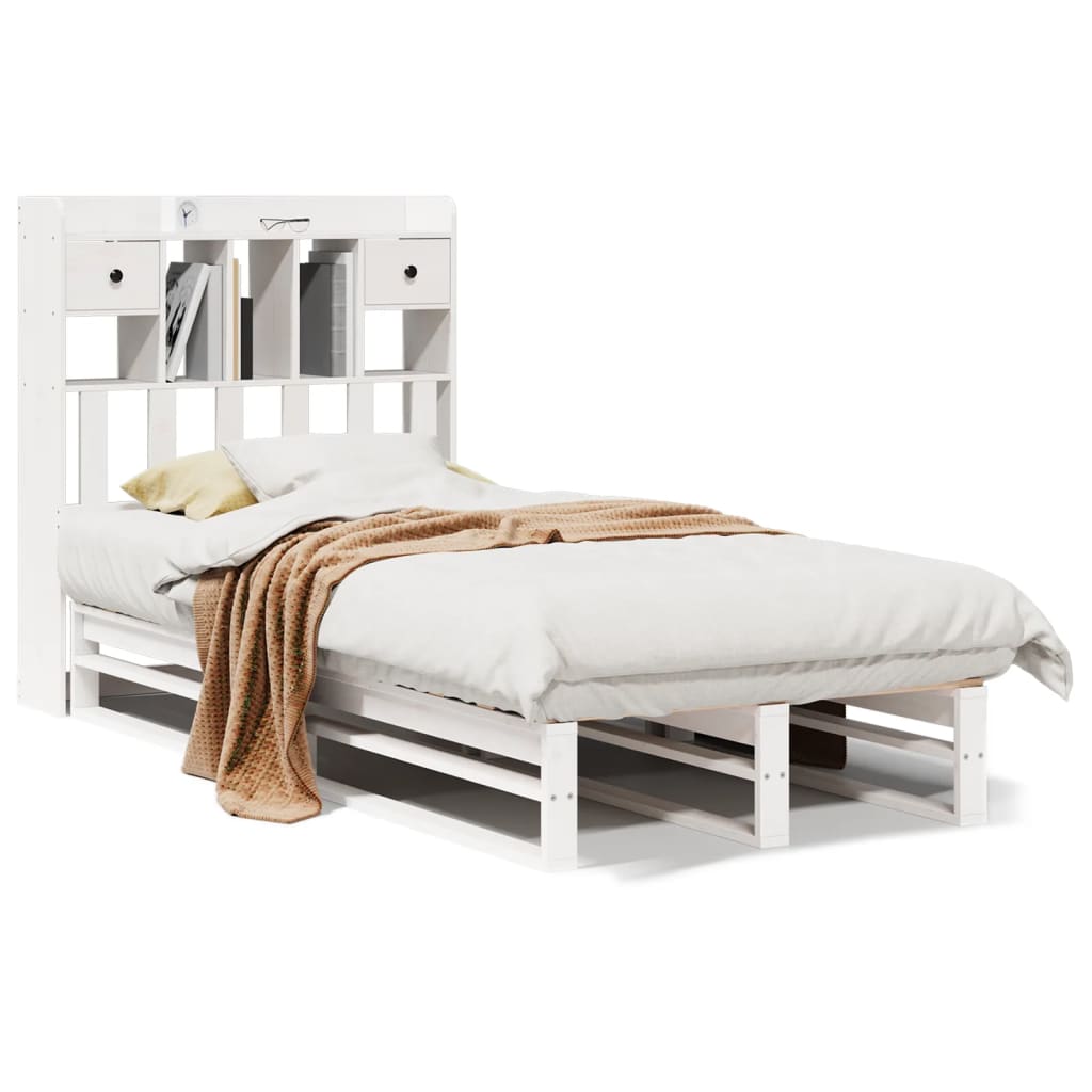 Seng med bokhylle uten madrass hvit 90x190 cm heltre furu