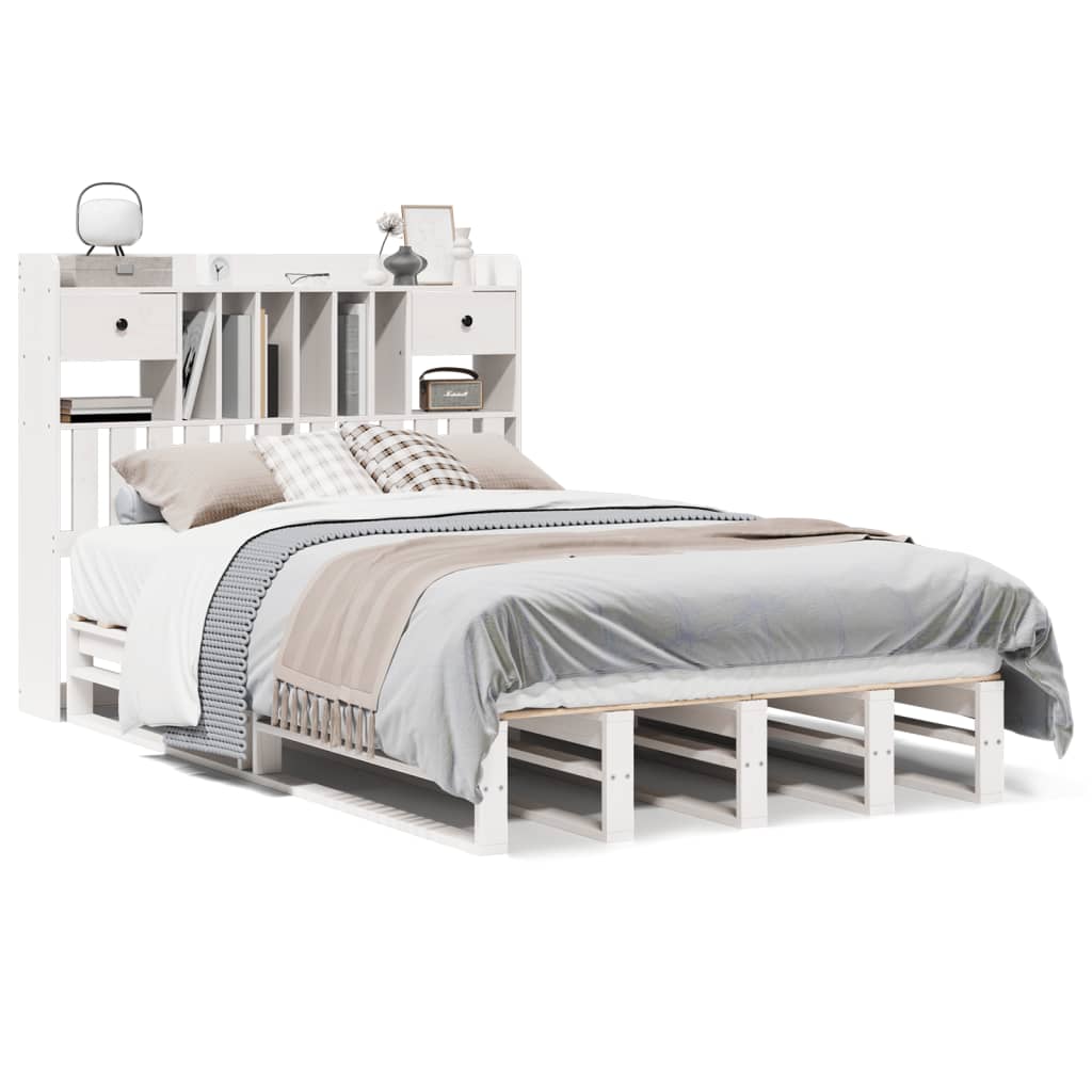 Seng med bokhylle uten madrass hvit 135x190 cm heltre furu
