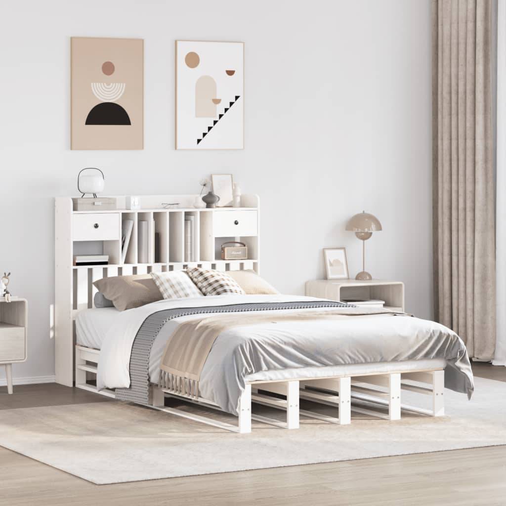 Seng med bokhylle uten madrass hvit 135x190 cm heltre furu