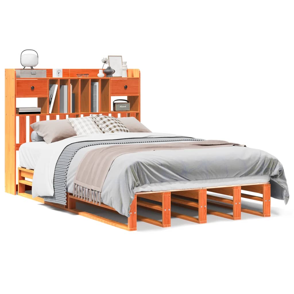 Seng med bokhylle uten madrass voksbrun 135x190 cm heltre furu