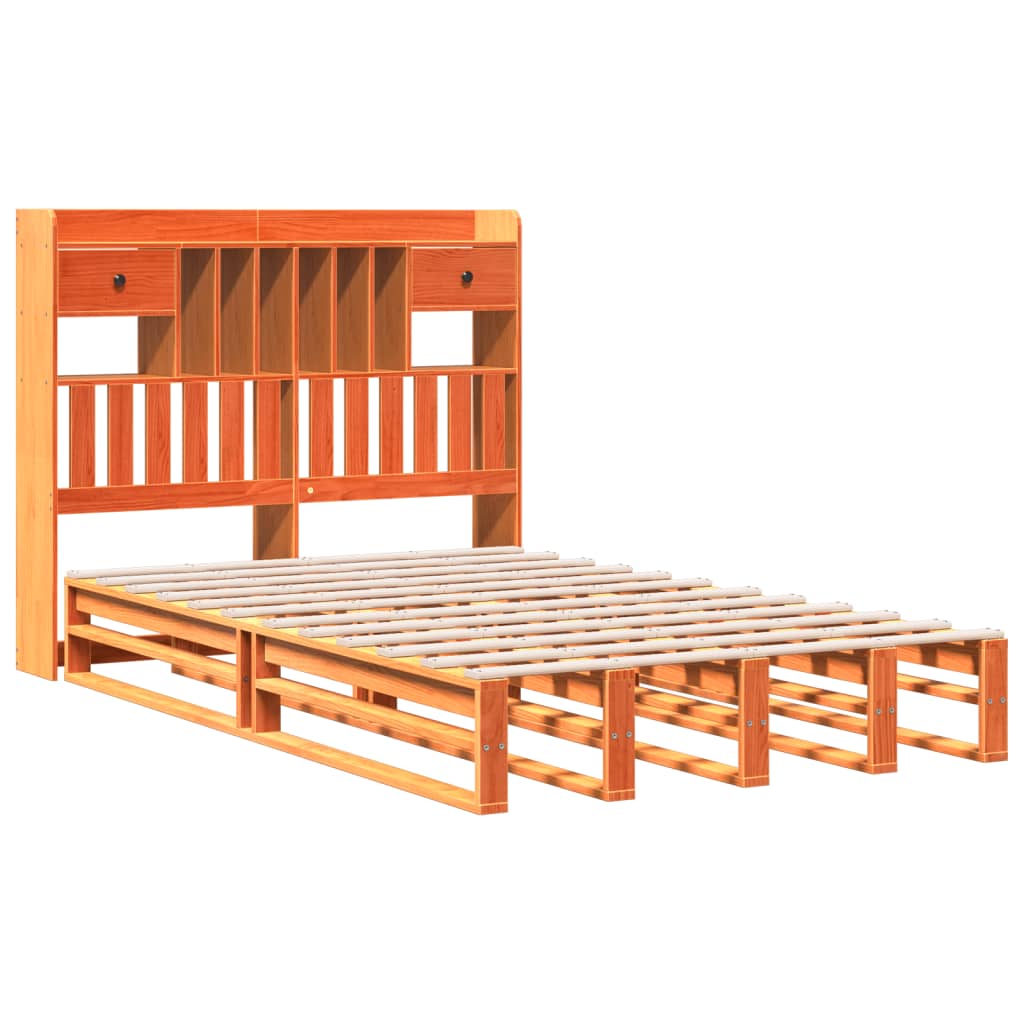 Seng med bokhylle uten madrass voksbrun 135x190 cm heltre furu
