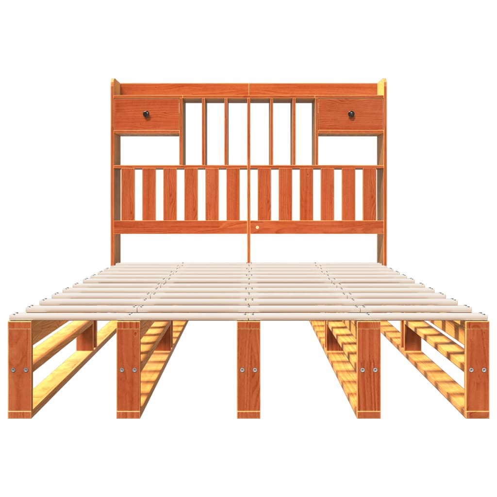 Seng med bokhylle uten madrass voksbrun 135x190 cm heltre furu