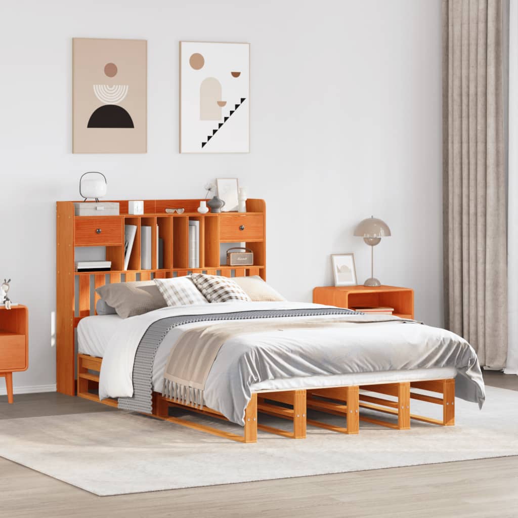 Seng med bokhylle uten madrass voksbrun 135x190 cm heltre furu