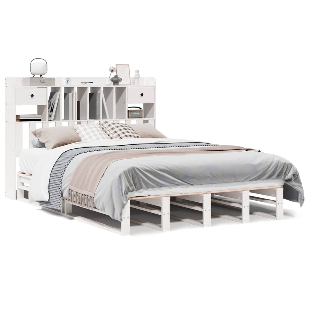 Seng med bokhylle uten madrass hvit 140x190 cm heltre furu