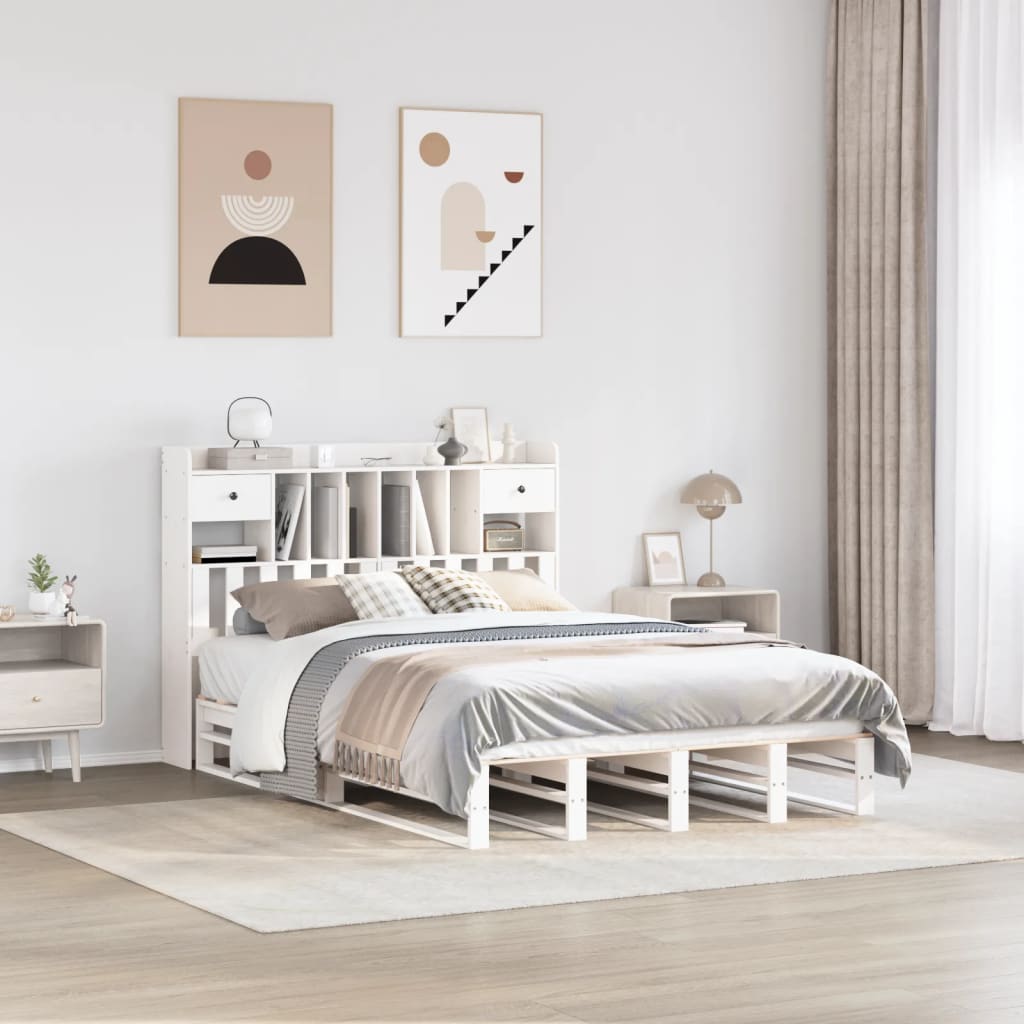 Seng med bokhylle uten madrass hvit 140x190 cm heltre furu