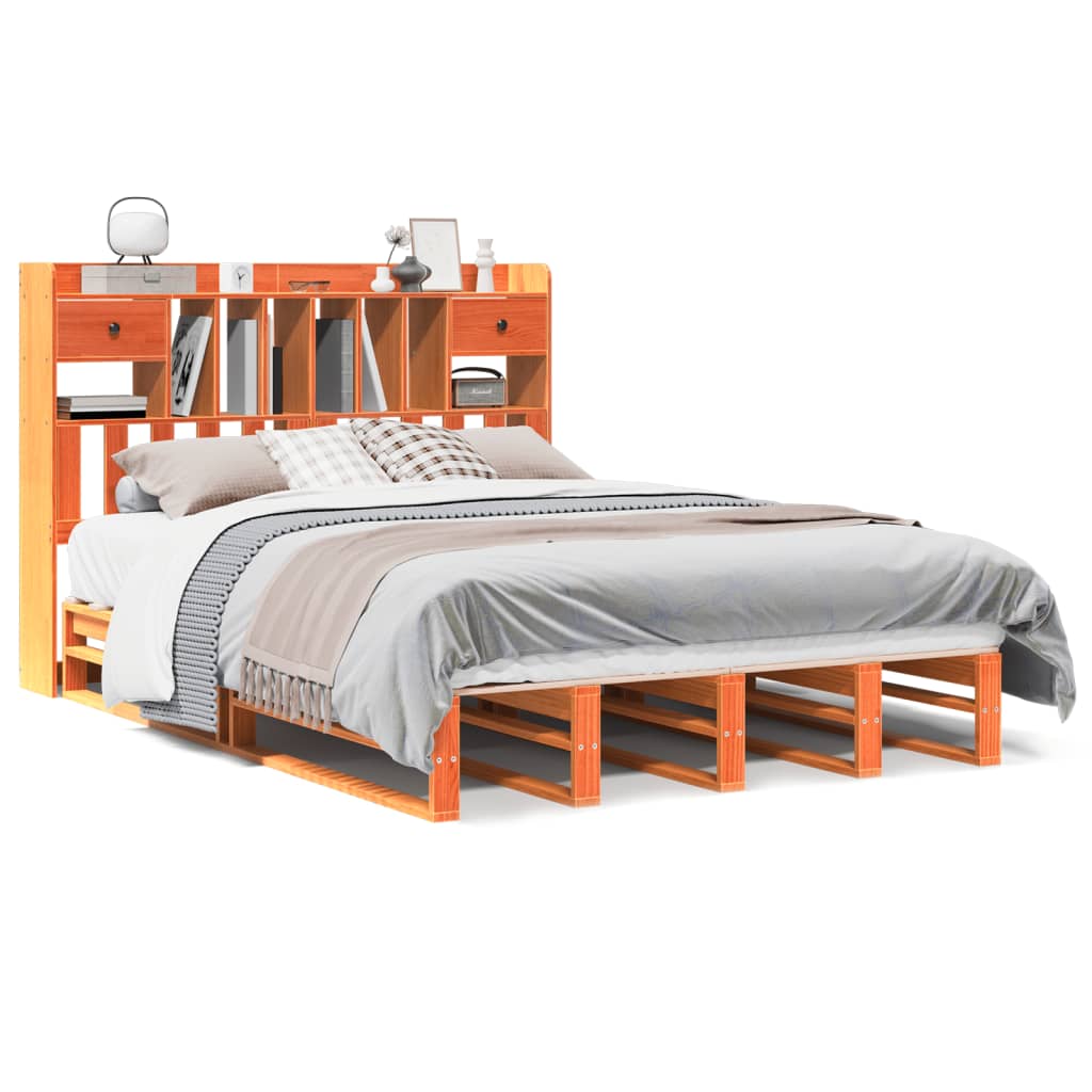 Seng med bokhylle uten madrass voksbrun 140x190 cm heltre furu