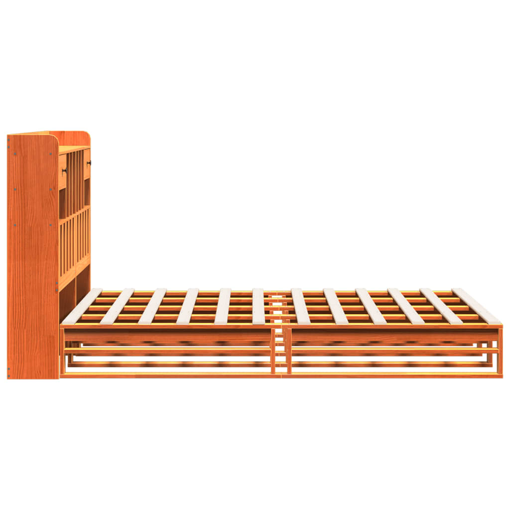 Seng med bokhylle uten madrass voksbrun 140x190 cm heltre furu