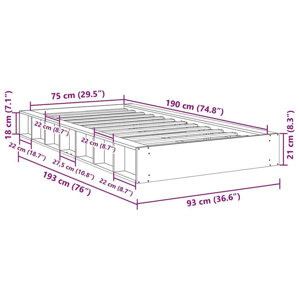 Sengeramme uten Madrass 75x190 cm Heltre Eik