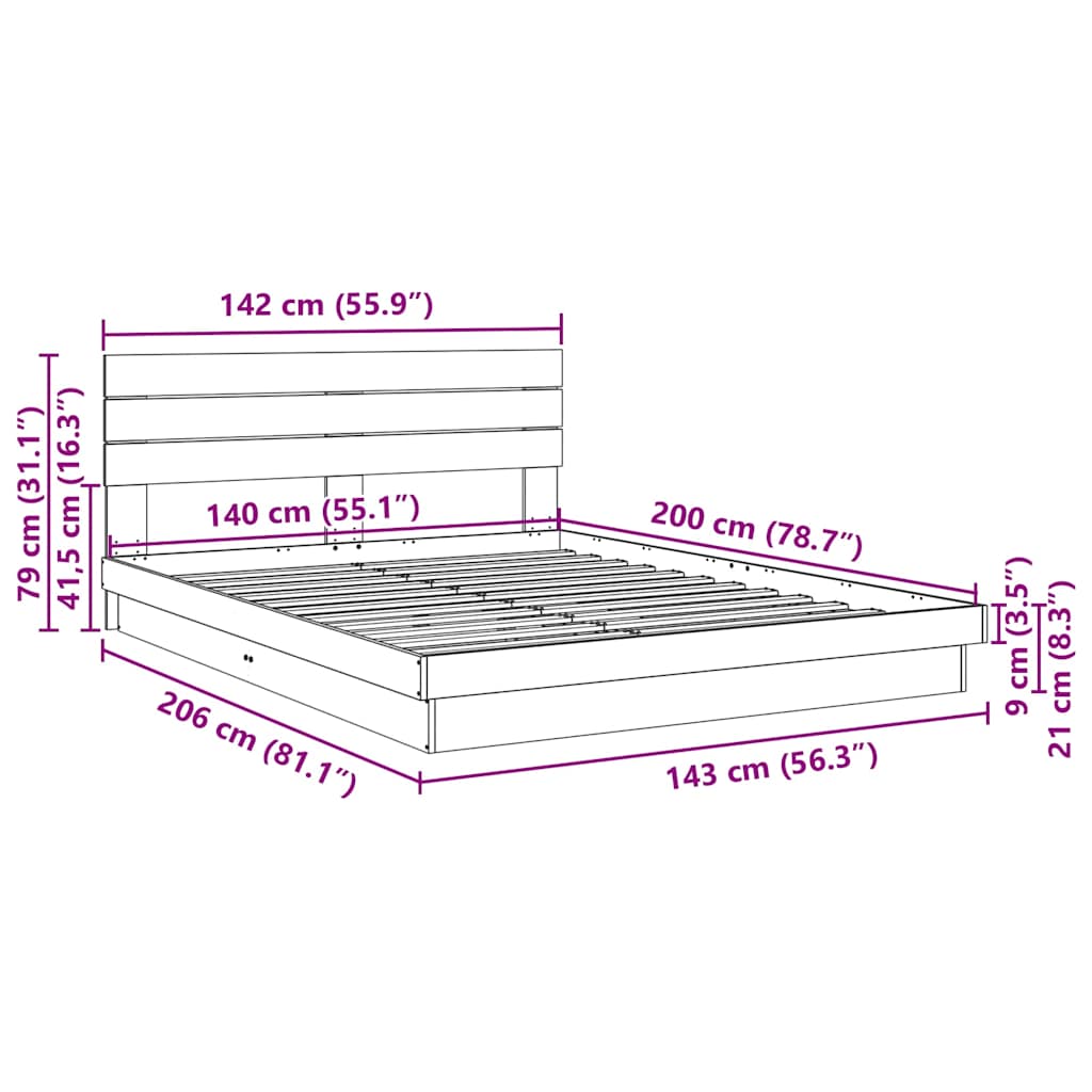Sengeramme med sengegavl uten madrass 140x200 cm Heltre Eik