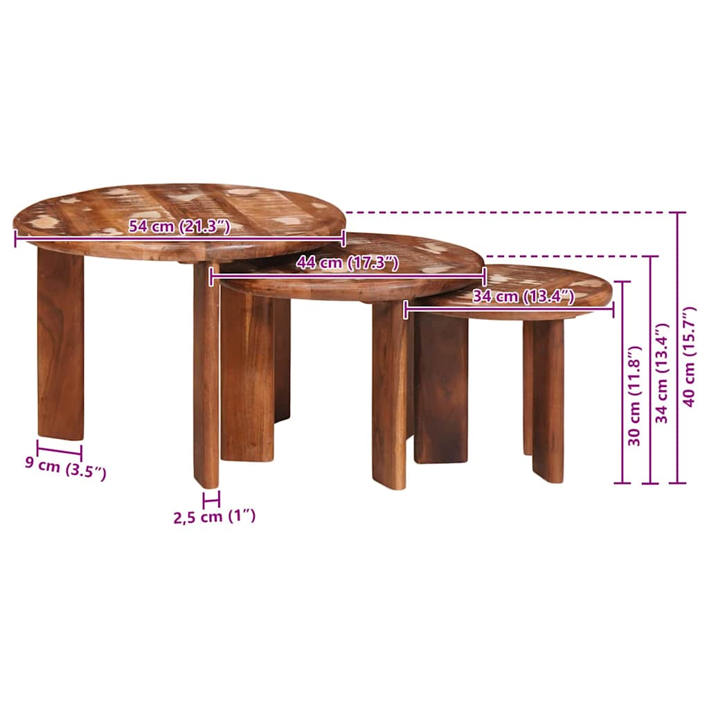 Nestende Kaffebord 3 pcs Flerfarget Massiv gjenbrukt treverk