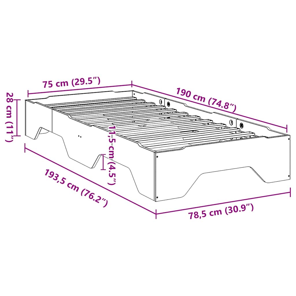 Sengeramme uten madrass stablebare 75x190 cm heltre