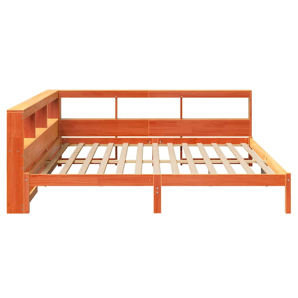Seng med bokhylle uten madrass voksbrun 200x200 cm heltre furu