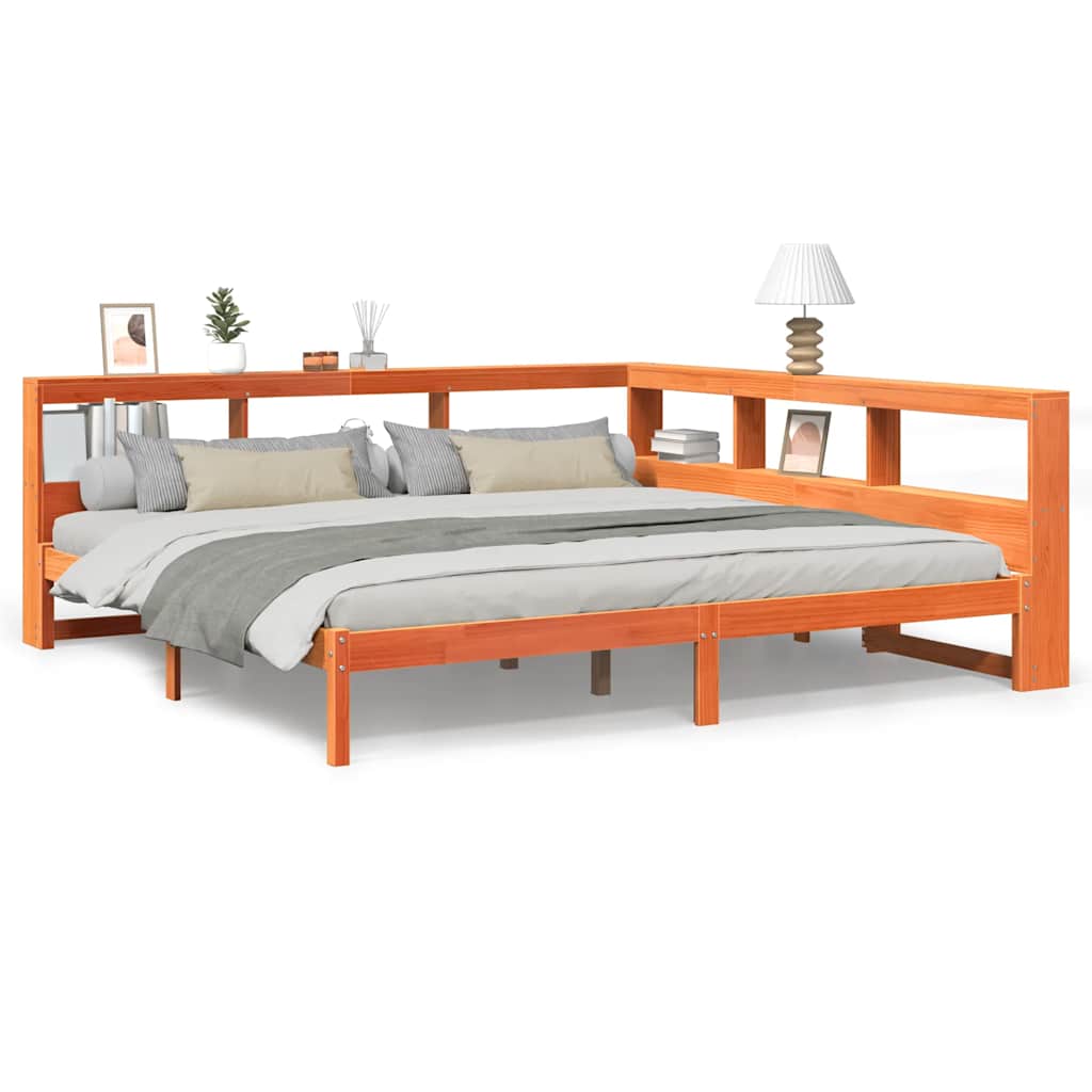 Seng med bokhylle uten madrass voksbrun 180x200 cm heltre furu
