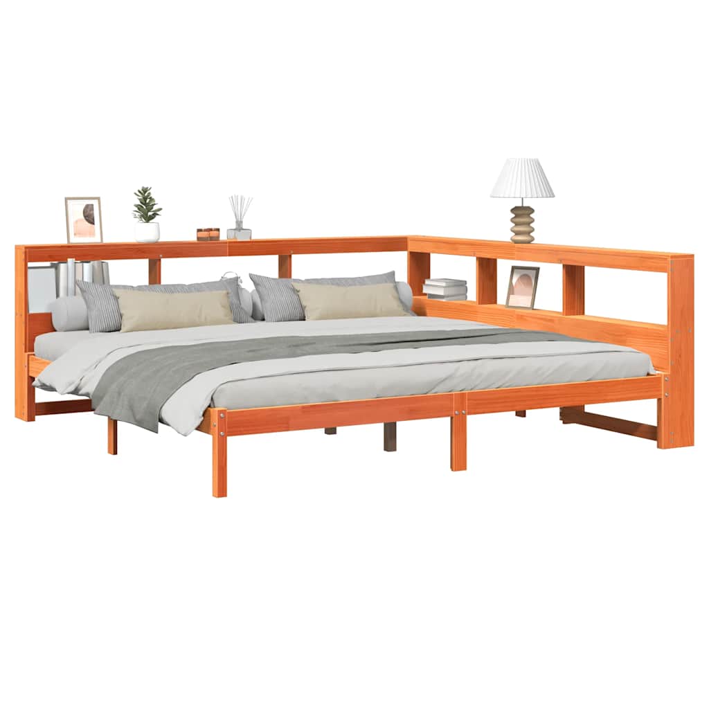 Seng med bokhylle uten madrass voksbrun 180x200 cm heltre furu