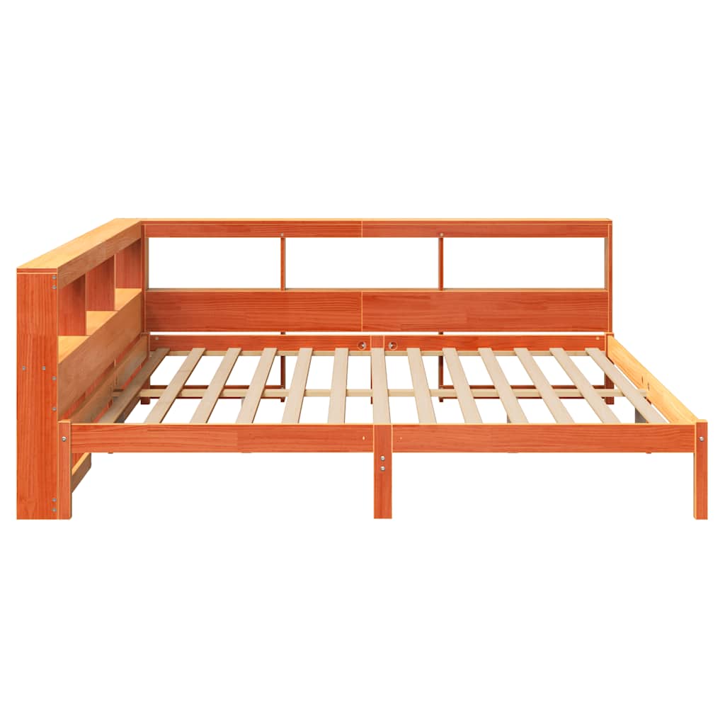 Seng med bokhylle uten madrass voksbrun 180x200 cm heltre furu