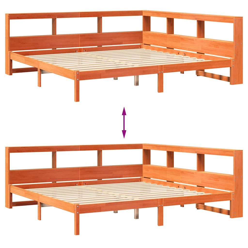 Seng med bokhylle uten madrass voksbrun 180x200 cm heltre furu