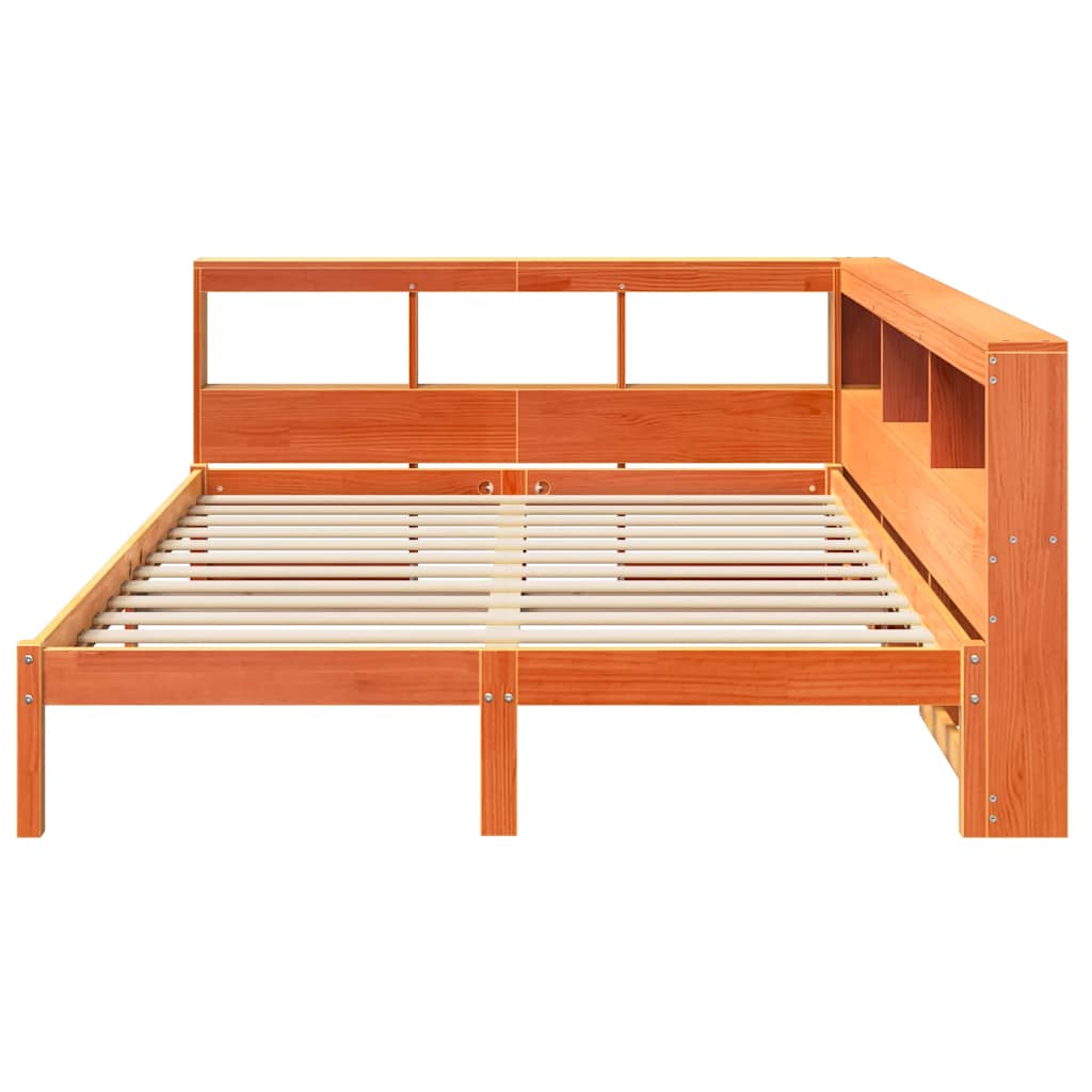 Seng med bokhylle uten madrass voksbrun 140x200 cm heltre furu
