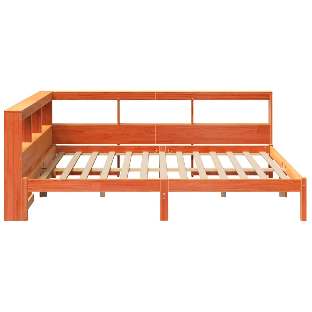Seng med bokhylle uten madrass voksbrun 140x200 cm heltre furu