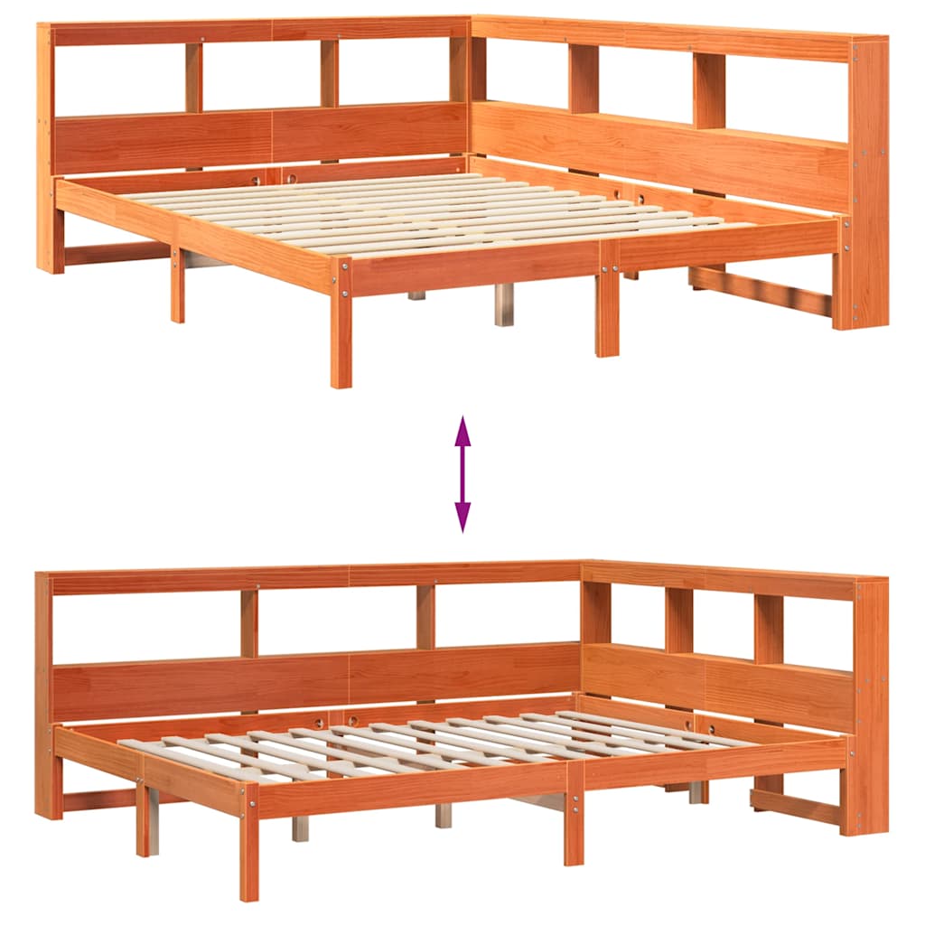 Seng med bokhylle uten madrass voksbrun 140x200 cm heltre furu