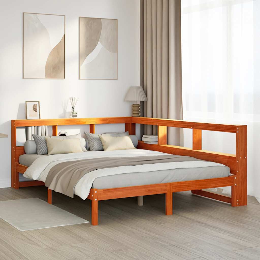 Seng med bokhylle uten madrass voksbrun 140x200 cm heltre furu