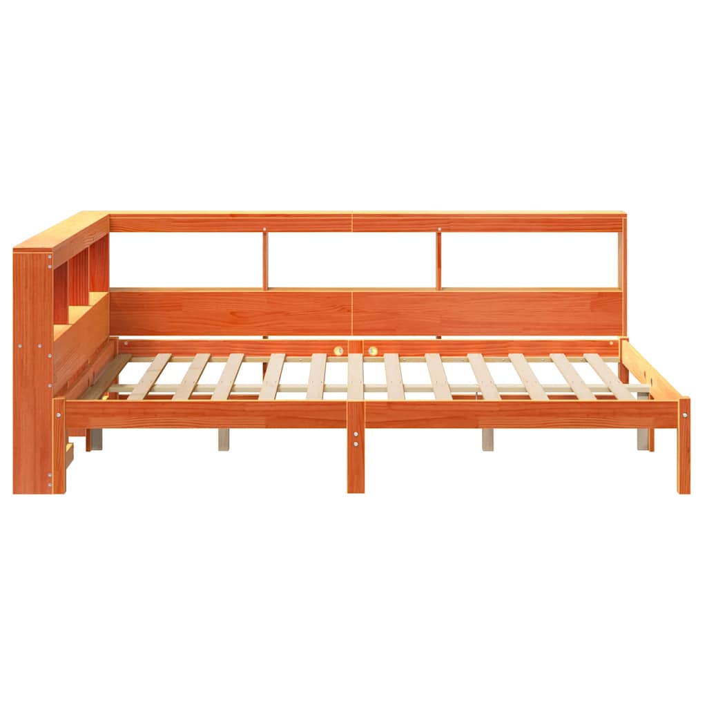 Seng med bokhylle uten madrass voksbrun 120x200 cm heltre furu