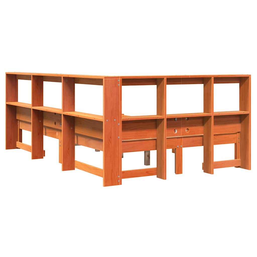 Seng med bokhylle uten madrass voksbrun 120x200 cm heltre furu