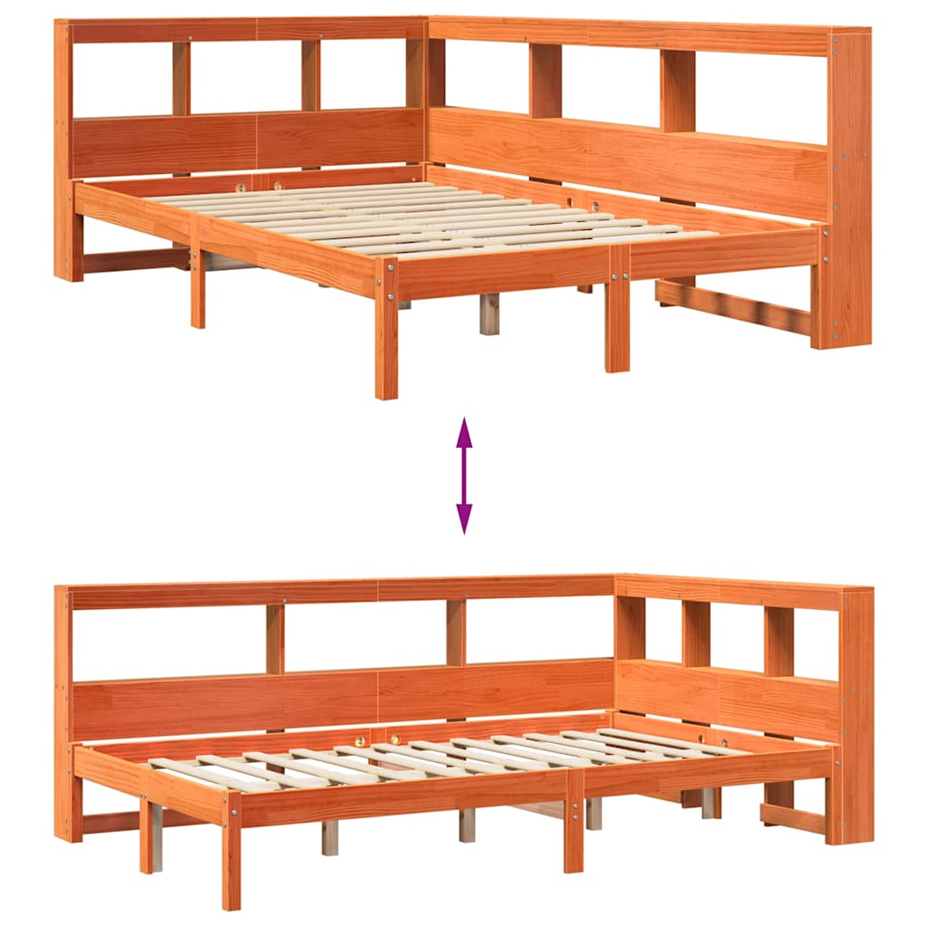 Seng med bokhylle uten madrass voksbrun 120x200 cm heltre furu