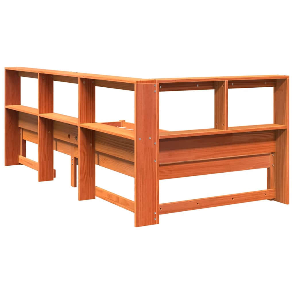 Seng med bokhylle uten madrass voksbrun 100x200 cm heltre furu