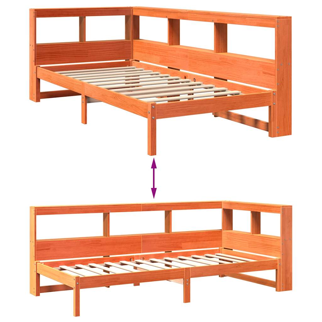 Seng med bokhylle uten madrass voksbrun 100x200 cm heltre furu
