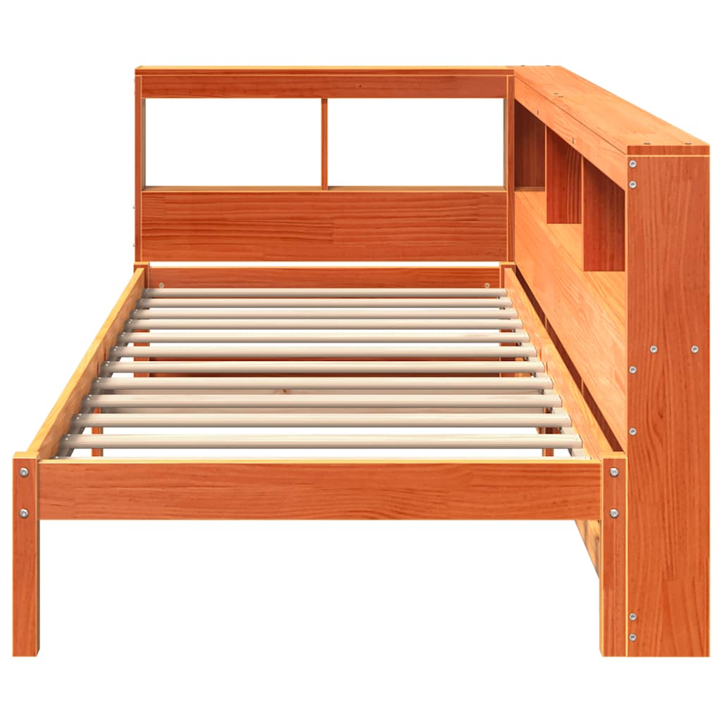 Seng med bokhylle uten madrass voksbrun 90x200 cm heltre furu