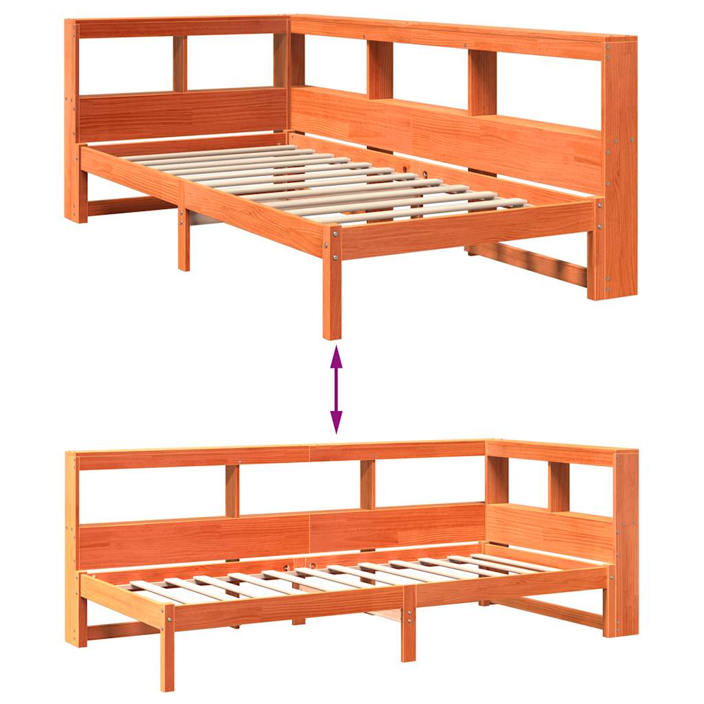 Seng med bokhylle uten madrass voksbrun 90x200 cm heltre furu