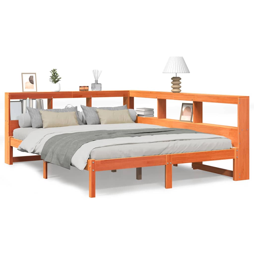 Seng med bokhylle uten madrass voksbrun 140x190 cm heltre furu