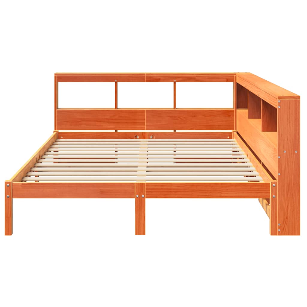 Seng med bokhylle uten madrass voksbrun 140x190 cm heltre furu