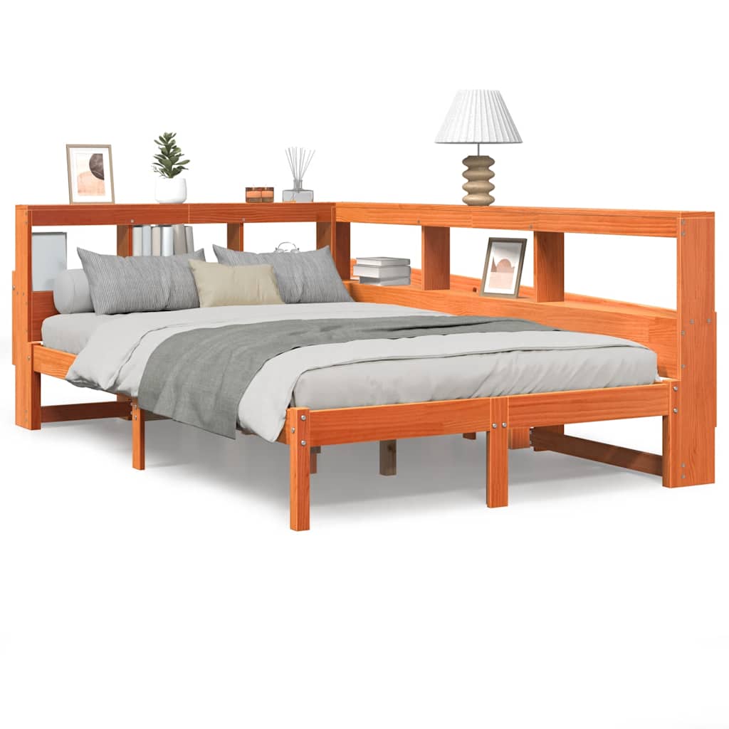 Seng med bokhylle uten madrass voksbrun 135x190 cm heltre furu