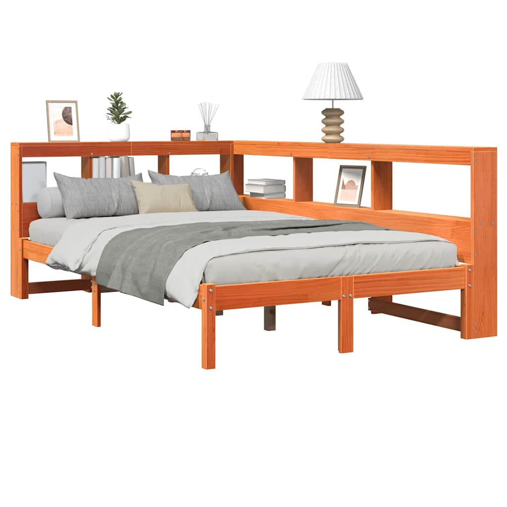 Seng med bokhylle uten madrass voksbrun 120x190 cm heltre furu