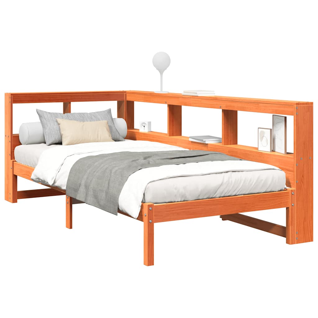 Seng med bokhylle uten madrass voksbrun 90x190 cm heltre furu