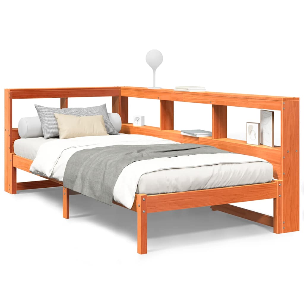 Seng med bokhylle uten madrass voksbrun 75x190 cm heltre furu