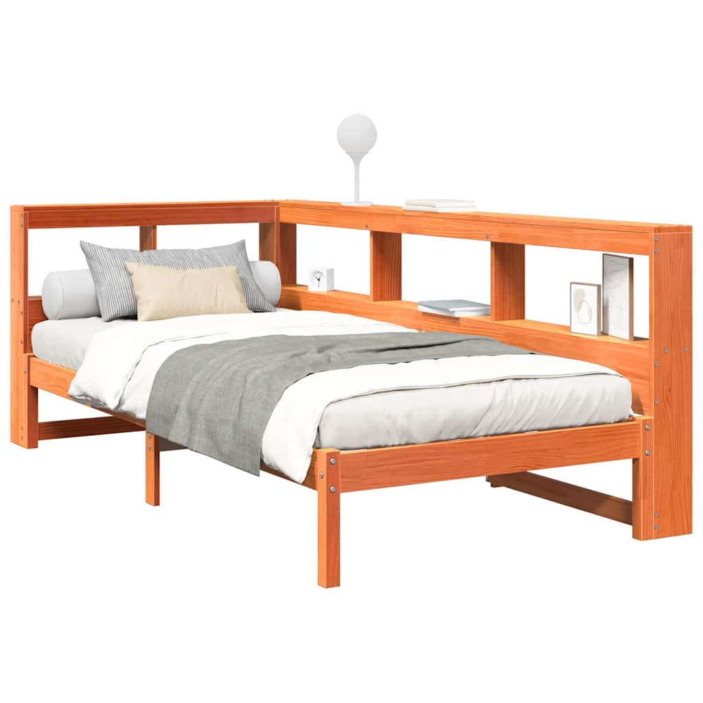 Seng med bokhylle uten madrass voksbrun 75x190 cm heltre furu